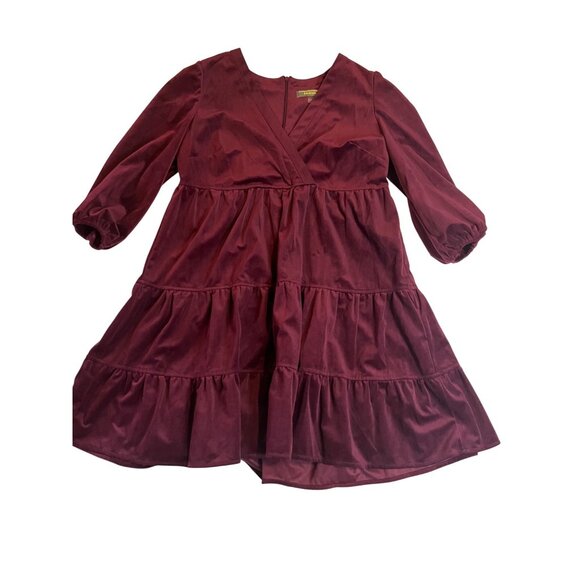 Melonie T Burgundy 14 Merlot 3/4 sleeve corduroy, baby doll, mini tiered dress - Picture 1 of 13